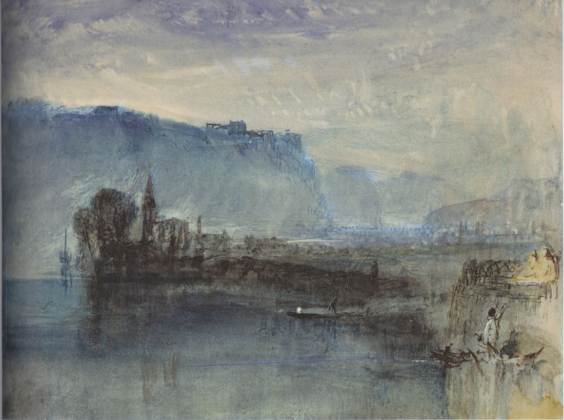 J.M.W.Turner The Castle of Ehrenbreitstein looking up the Rhine from Neuendorf, with the church of St Peter in the foreground: Dawn, c.1840-1 Watercolour on white paper, 230 x 285 mm Private Collection. Exhibited Aix en Provence ‘Turner et la Couleur’ (no.105) and Turner Contemporary, Margate, ‘JMW Turner: Adventures in Colour’ as ‘River Scene: Moonlight’, the subject can here be reidentified. Image scanned from catalogue ‘Turner et la Couleur’, 2016, no.105, pending approval of the owner.