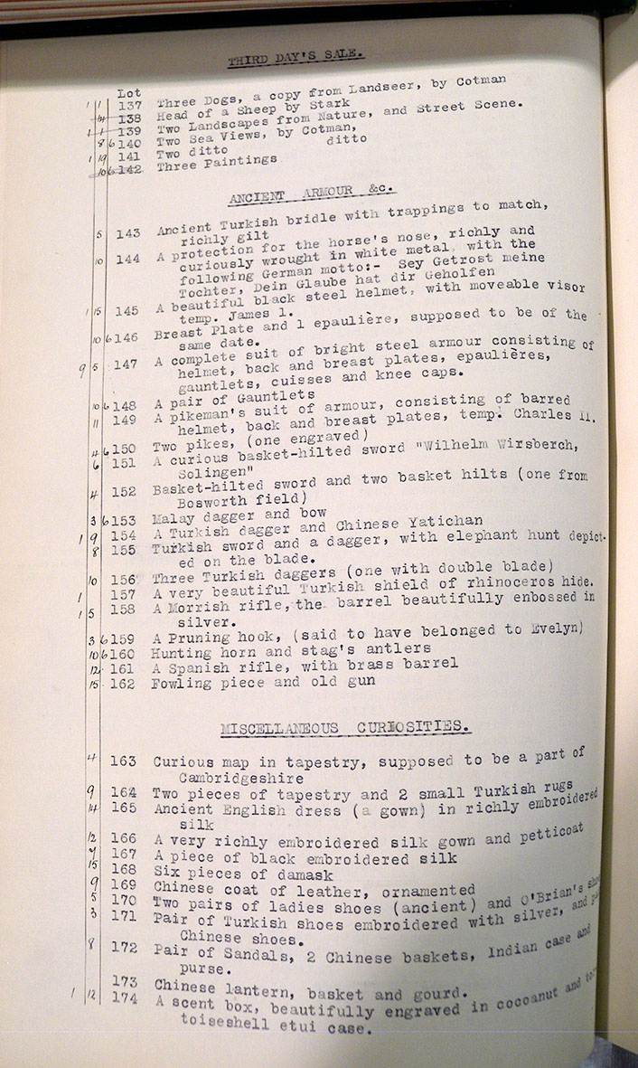 1834 sale cat armour and curios